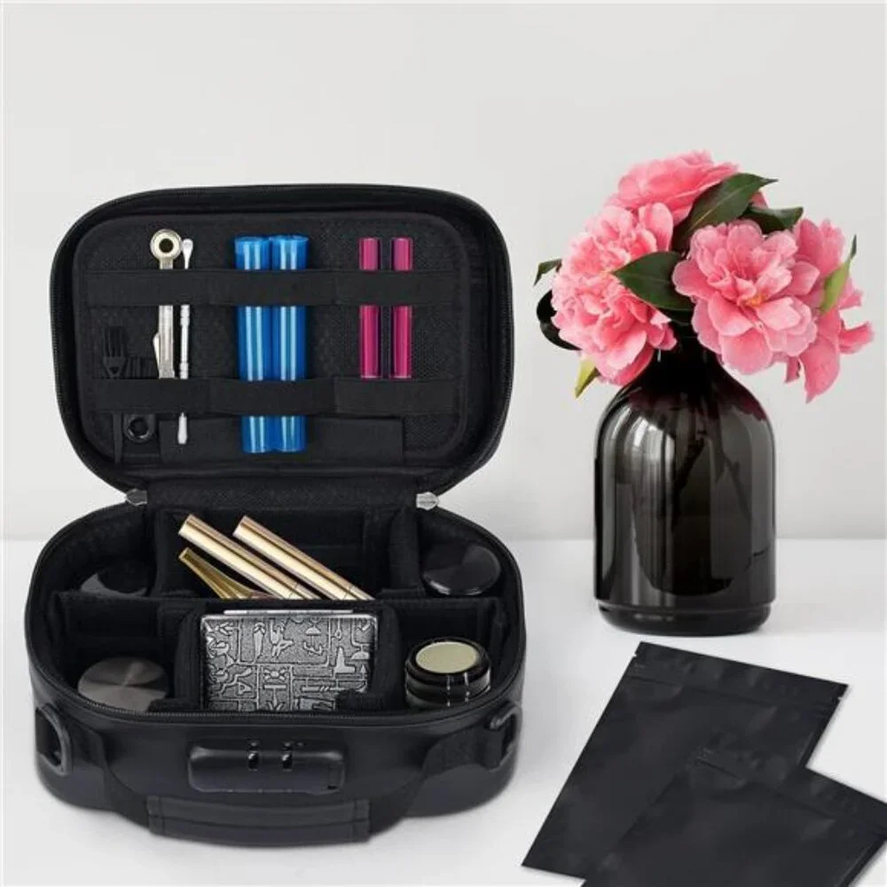 Black lockable storage bag with combination medicine lock box travel organizer